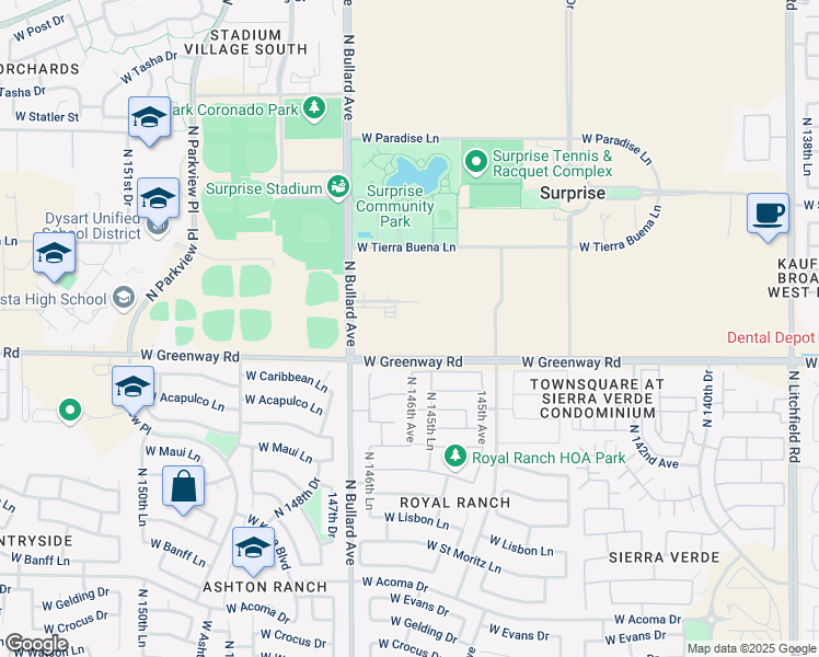 map of restaurants, bars, coffee shops, grocery stores, and more near 14440-14640 West Greenway Road in Surprise