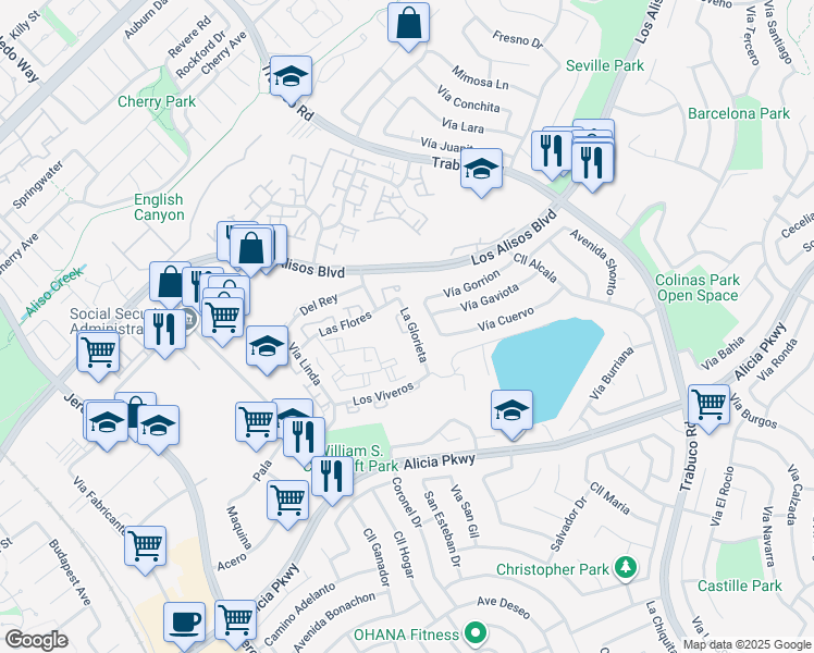 map of restaurants, bars, coffee shops, grocery stores, and more near 23221 La Glorieta in Mission Viejo