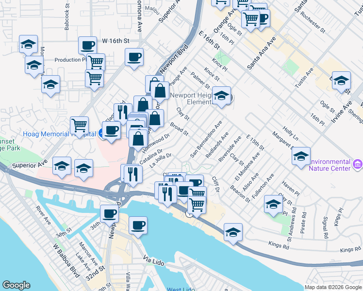 map of restaurants, bars, coffee shops, grocery stores, and more near 439 Catalina Drive in Newport Beach