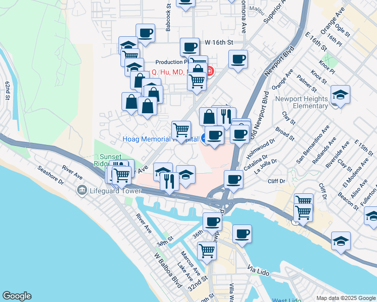 map of restaurants, bars, coffee shops, grocery stores, and more near 300 Cagney Lane in Newport Beach