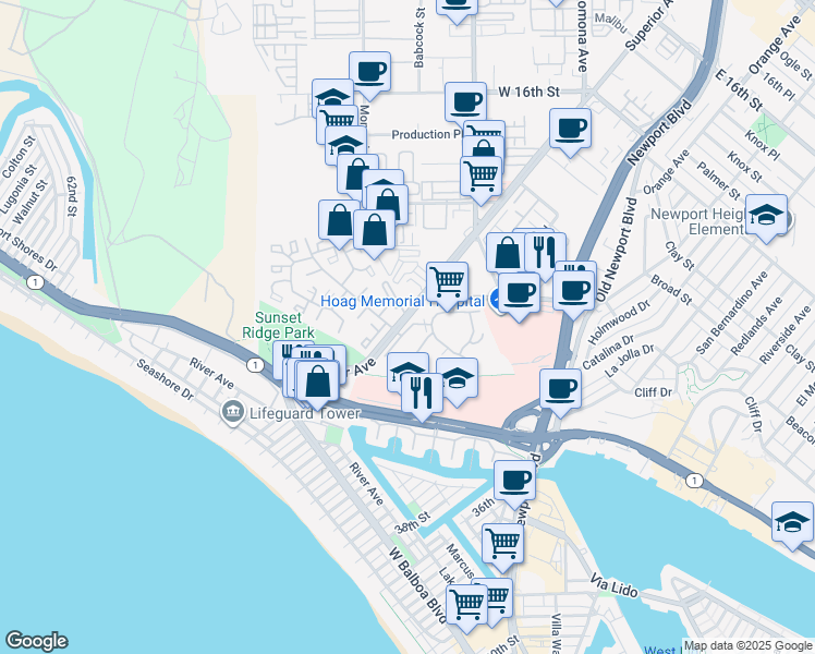 map of restaurants, bars, coffee shops, grocery stores, and more near 240 Nice Lane in Newport Beach