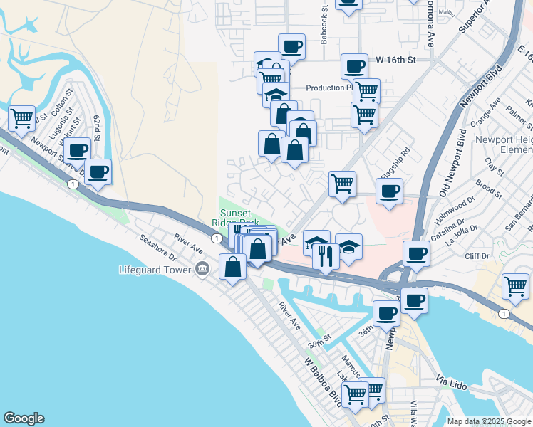 map of restaurants, bars, coffee shops, grocery stores, and more near 1 Barlovento Court in Newport Beach
