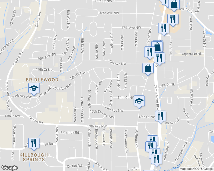map of restaurants, bars, coffee shops, grocery stores, and more near 1460 4th Street Northwest in Center Point