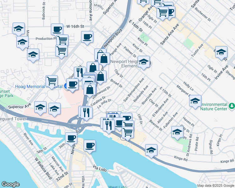 map of restaurants, bars, coffee shops, grocery stores, and more near 427 Santa Ana Avenue in Newport Beach