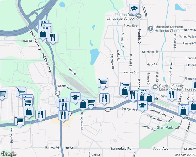 map of restaurants, bars, coffee shops, grocery stores, and more near 4735 Tanglewood Lane in Forest Park