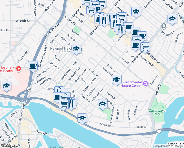 map of restaurants, bars, coffee shops, grocery stores, and more near 542 Tustin Avenue in Newport Beach