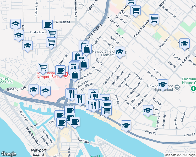 map of restaurants, bars, coffee shops, grocery stores, and more near 427 Santa Ana Avenue in Newport Beach