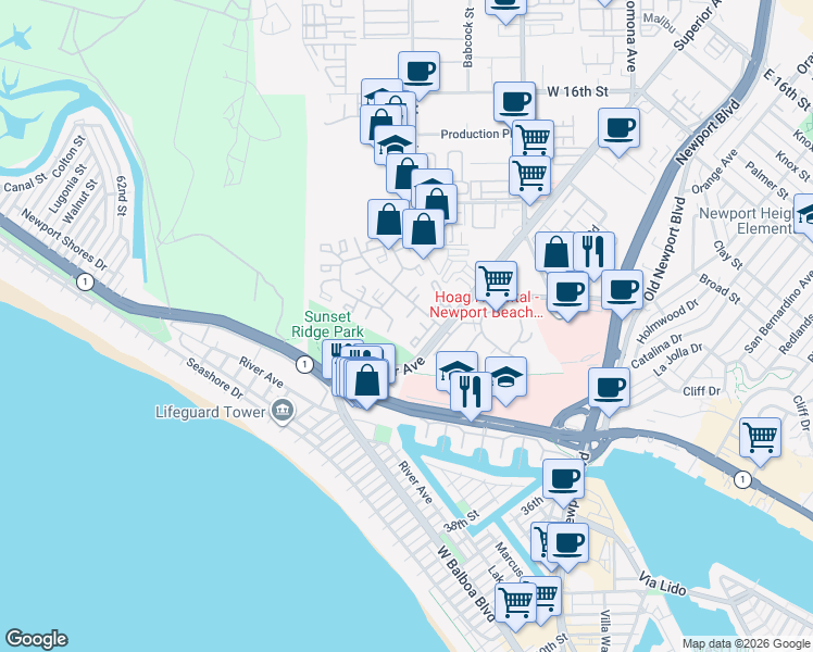 map of restaurants, bars, coffee shops, grocery stores, and more near 2 Encore Court in Newport Beach