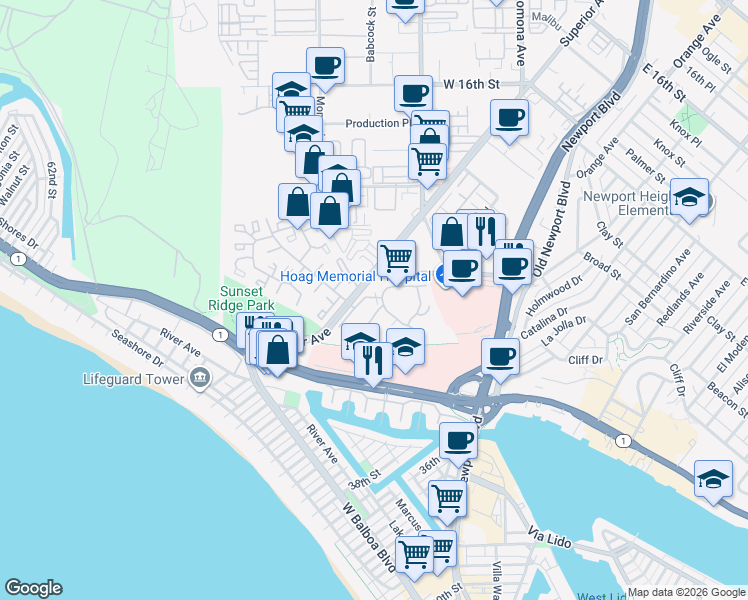 map of restaurants, bars, coffee shops, grocery stores, and more near 1401 Superior Avenue in Newport Beach