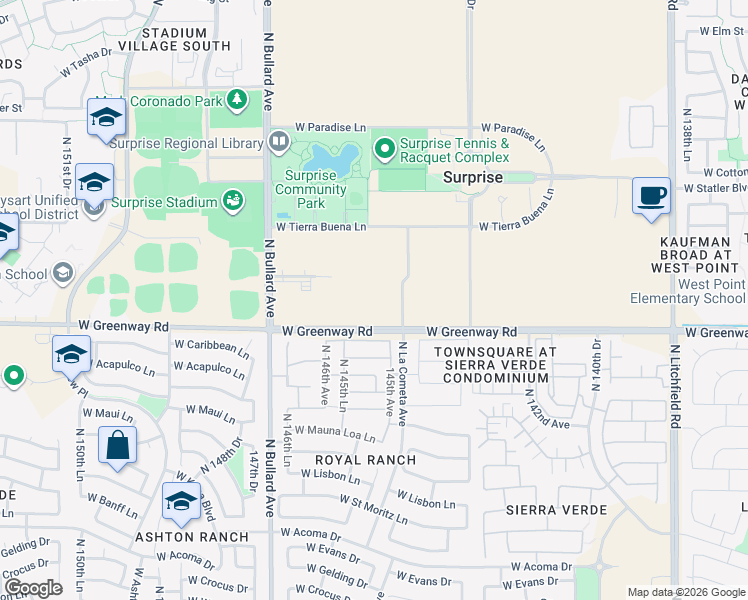 map of restaurants, bars, coffee shops, grocery stores, and more near 15510 North La Cometa Avenue in Surprise