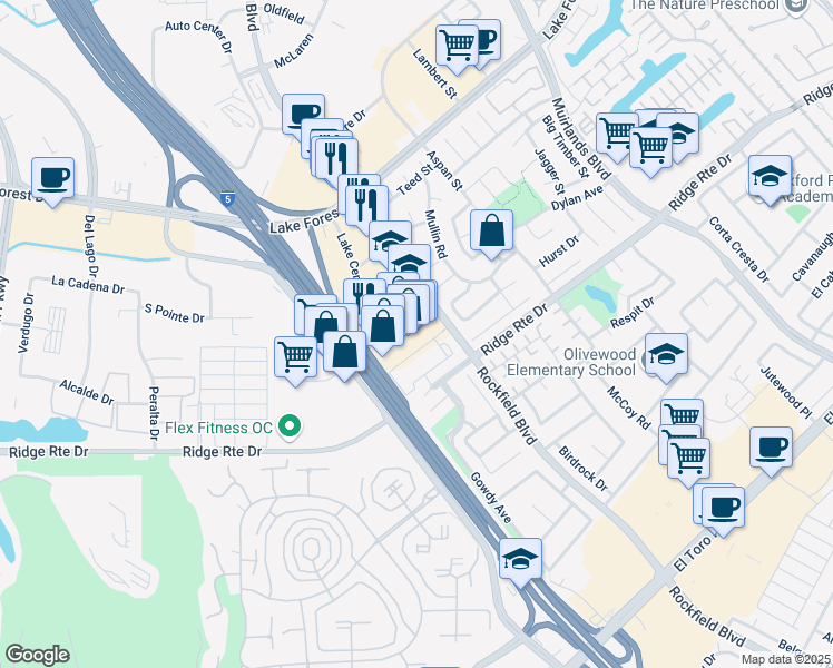 map of restaurants, bars, coffee shops, grocery stores, and more near 23822 Mercury Rd in Lake Forest