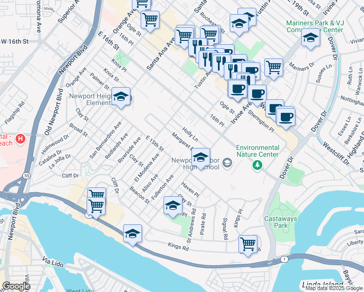 map of restaurants, bars, coffee shops, grocery stores, and more near 2327 Margaret Drive in Newport Beach