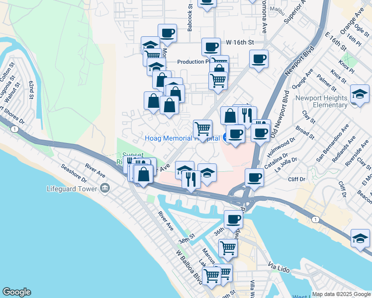 map of restaurants, bars, coffee shops, grocery stores, and more near 220 Nice Lane in Newport Beach