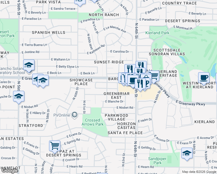 map of restaurants, bars, coffee shops, grocery stores, and more near 6216 East Karen Drive in Scottsdale