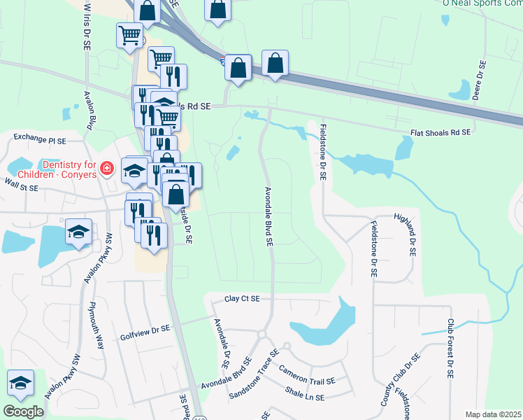 map of restaurants, bars, coffee shops, grocery stores, and more near 2271 Flat Shoals Road Southeast in Conyers