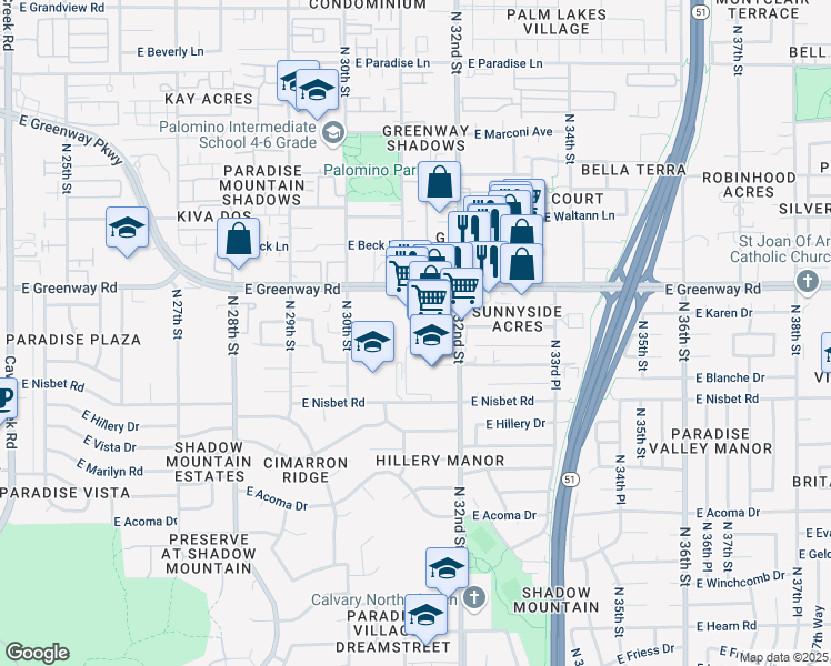 map of restaurants, bars, coffee shops, grocery stores, and more near 3073-3075 East Greenway Road in Phoenix