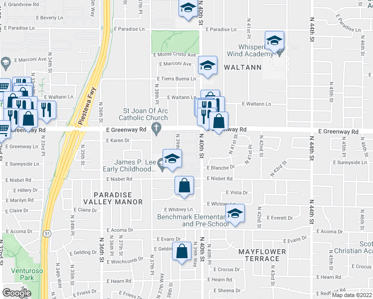 map of restaurants, bars, coffee shops, grocery stores, and more near 15202 North 40th Street in Phoenix