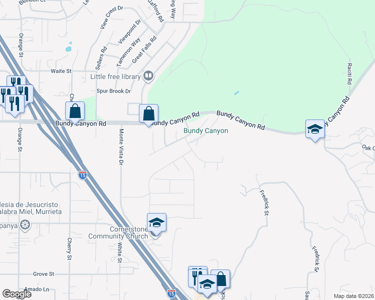 map of restaurants, bars, coffee shops, grocery stores, and more near 22817 Windwood Lane in Wildomar