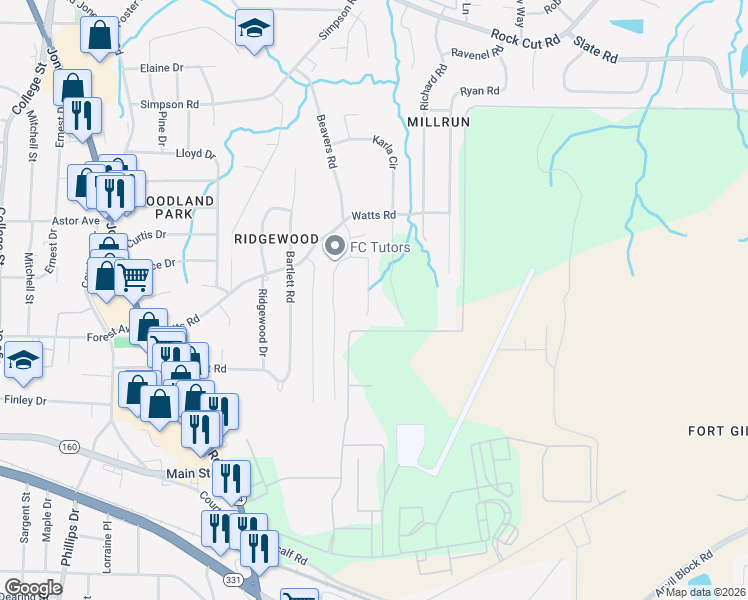 map of restaurants, bars, coffee shops, grocery stores, and more near 4650 Treasure Court in Forest Park