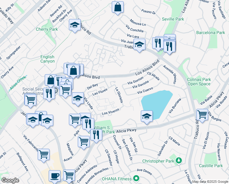 map of restaurants, bars, coffee shops, grocery stores, and more near in Mission Viejo
