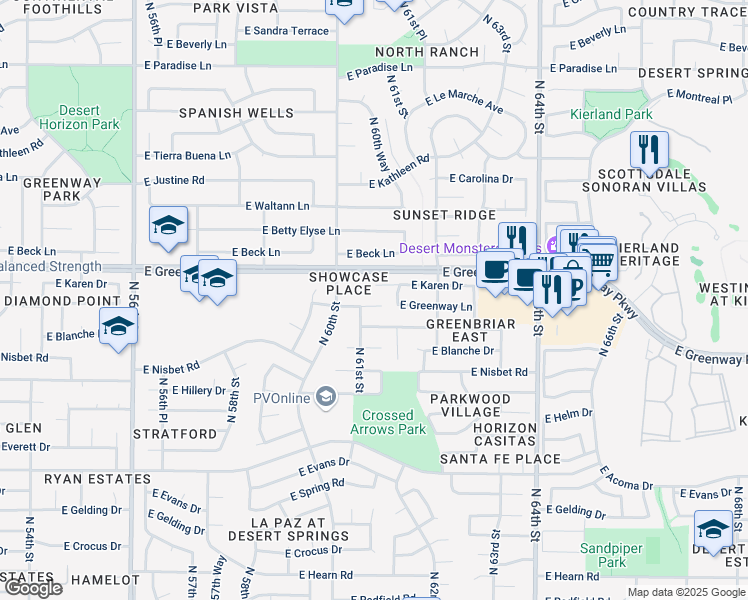 map of restaurants, bars, coffee shops, grocery stores, and more near 6132 East Karen Drive in Scottsdale