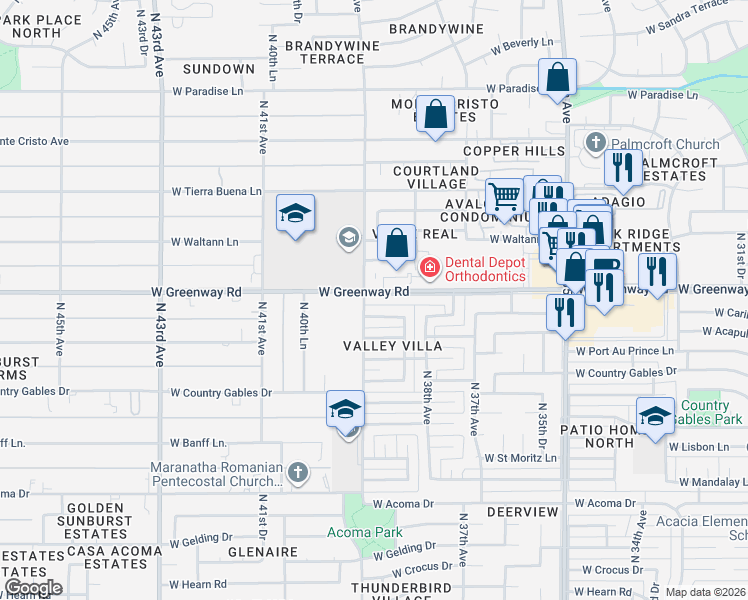 map of restaurants, bars, coffee shops, grocery stores, and more near 3812 West Greenway Road in Phoenix