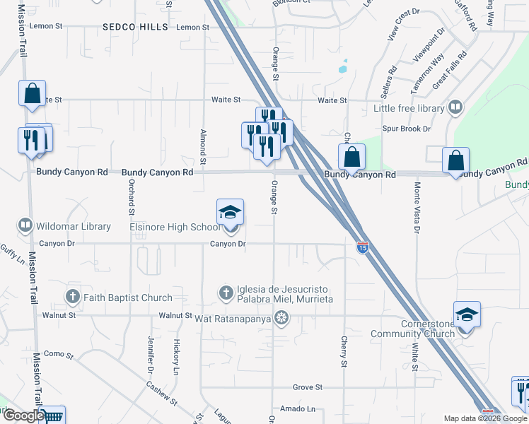 map of restaurants, bars, coffee shops, grocery stores, and more near 34135 Orange Street in Wildomar