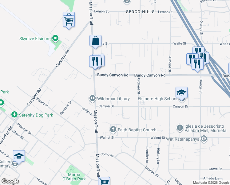 map of restaurants, bars, coffee shops, grocery stores, and more near 34146 Dorof Court in Wildomar