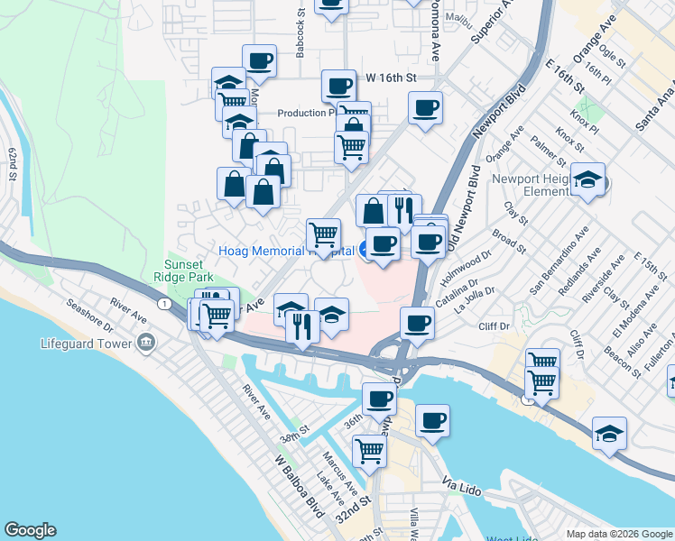 map of restaurants, bars, coffee shops, grocery stores, and more near 300 Cagney Lane in Newport Beach