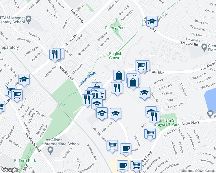 map of restaurants, bars, coffee shops, grocery stores, and more near 47 Aliso Ridge Loop in Mission Viejo