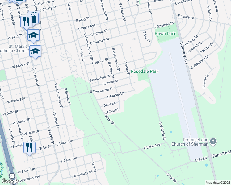 map of restaurants, bars, coffee shops, grocery stores, and more near 817 East Centennial Street in Sherman