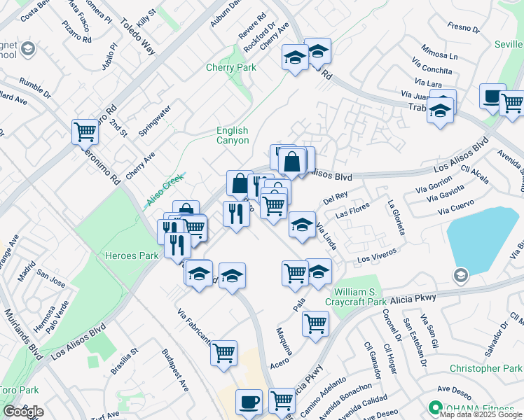 map of restaurants, bars, coffee shops, grocery stores, and more near 23228 Madero in Mission Viejo