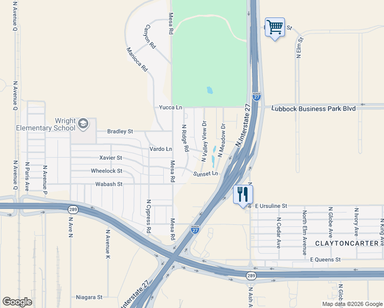 map of restaurants, bars, coffee shops, grocery stores, and more near 2602 Ridge Road in Lubbock