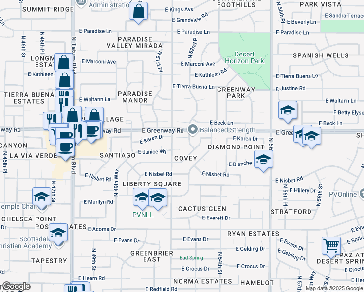 map of restaurants, bars, coffee shops, grocery stores, and more near 15229 North 52nd Place in Scottsdale