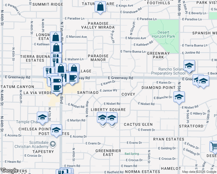 map of restaurants, bars, coffee shops, grocery stores, and more near 5133 East Karen Drive in Scottsdale