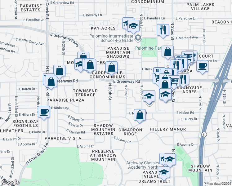 map of restaurants, bars, coffee shops, grocery stores, and more near in Phoenix