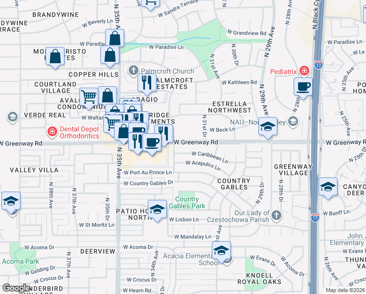 map of restaurants, bars, coffee shops, grocery stores, and more near 3220 West Greenway Road in Phoenix