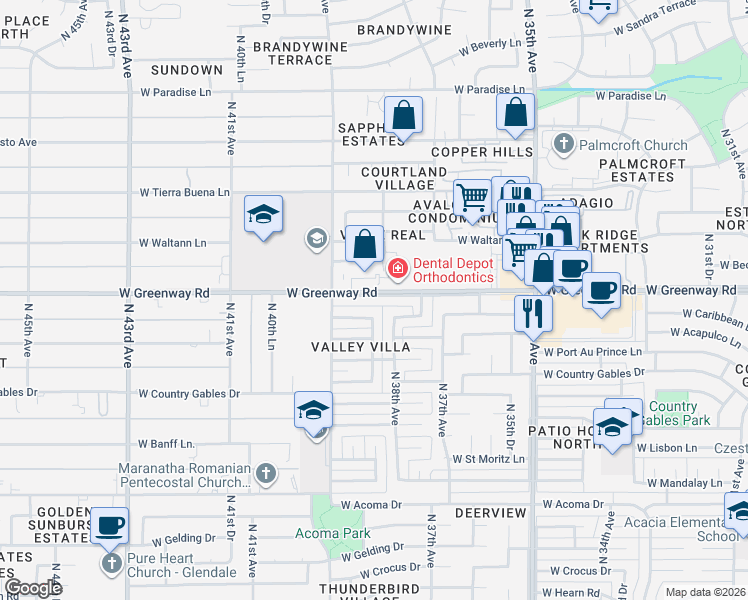 map of restaurants, bars, coffee shops, grocery stores, and more near 3750 West Greenway Road in Phoenix