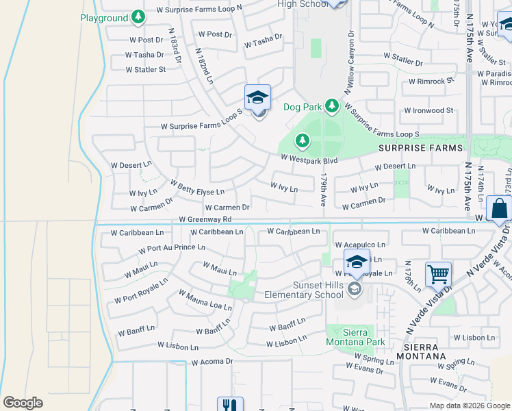 map of restaurants, bars, coffee shops, grocery stores, and more near 15574 North 181st Avenue in Surprise