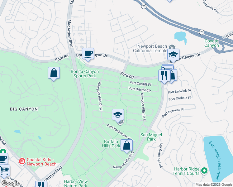 map of restaurants, bars, coffee shops, grocery stores, and more near 1860 Port Margate Place in Newport Beach