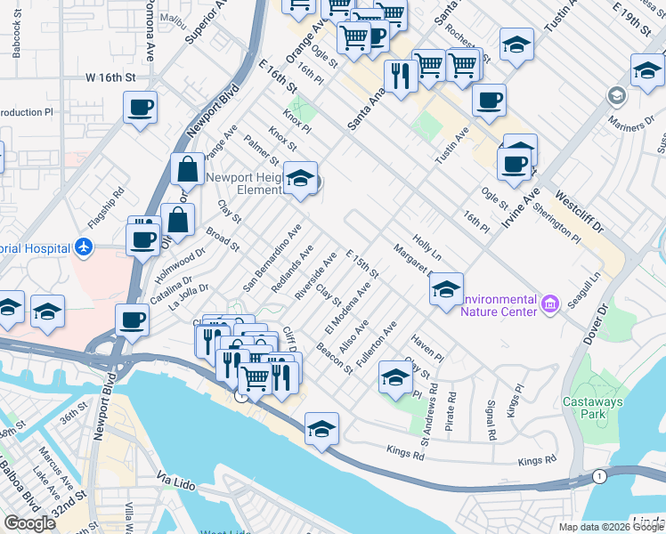 map of restaurants, bars, coffee shops, grocery stores, and more near 524 Redlands Avenue in Newport Beach