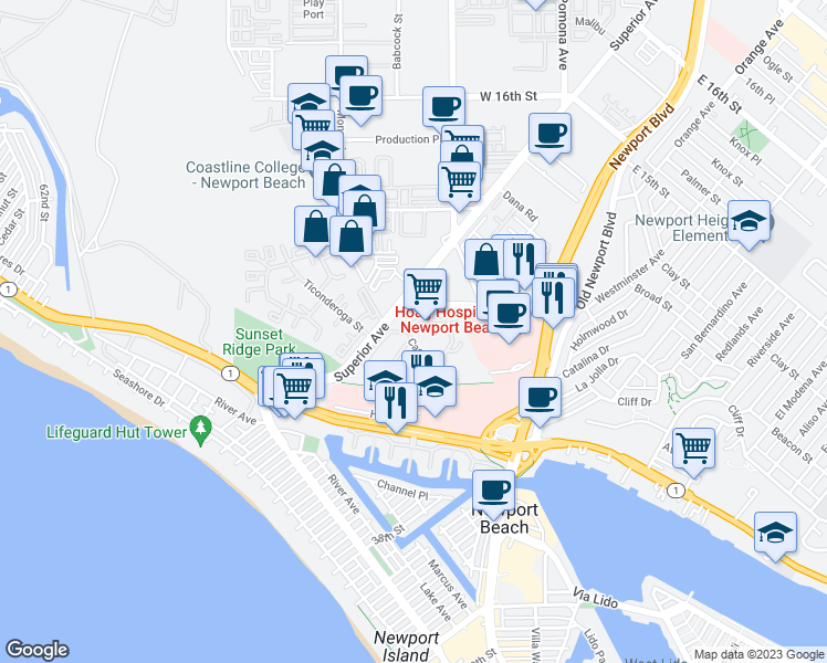 map of restaurants, bars, coffee shops, grocery stores, and more near 300 Cagney Lane in Newport Beach