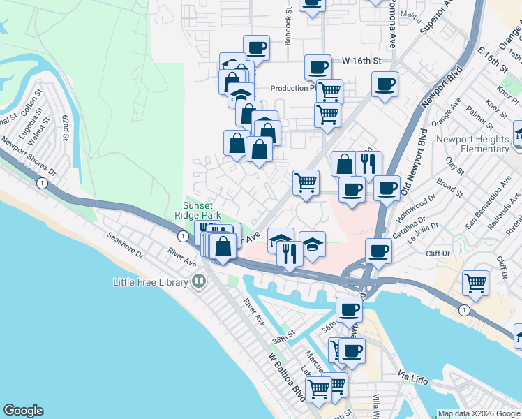map of restaurants, bars, coffee shops, grocery stores, and more near 8 Seaside Circle in Newport Beach