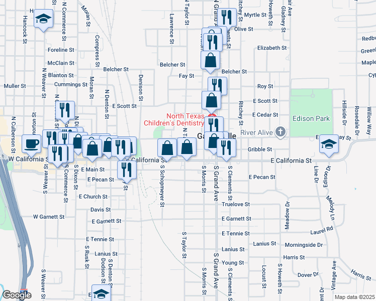 map of restaurants, bars, coffee shops, grocery stores, and more near 1000 East Broadway Street in Gainesville