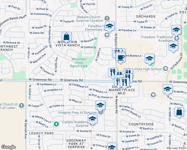 map of restaurants, bars, coffee shops, grocery stores, and more near 15657 West Carmen Drive in Surprise