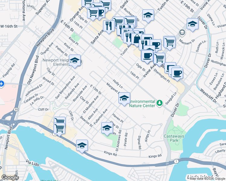 map of restaurants, bars, coffee shops, grocery stores, and more near 2327 Margaret Drive in Newport Beach