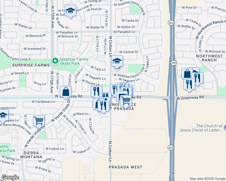 map of restaurants, bars, coffee shops, grocery stores, and more near 15434 North 170th Lane in Surprise