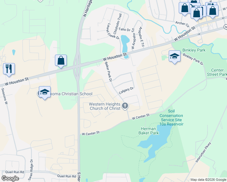 map of restaurants, bars, coffee shops, grocery stores, and more near 500 Baker Park Drive in Sherman