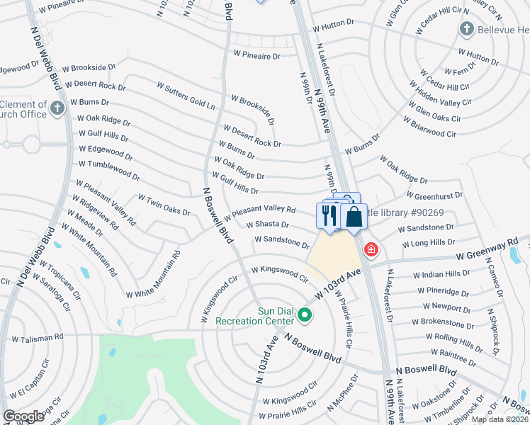 map of restaurants, bars, coffee shops, grocery stores, and more near 10004 West Pleasant Valley Road in Sun City