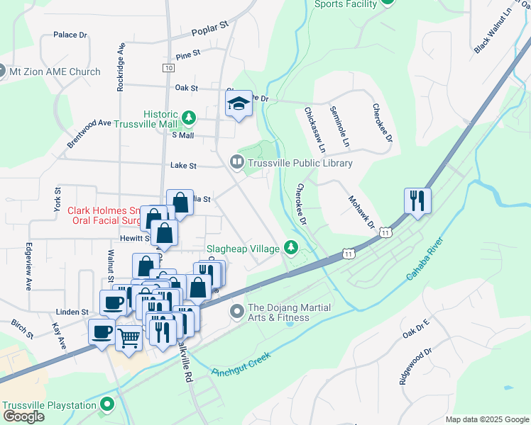 map of restaurants, bars, coffee shops, grocery stores, and more near 123 Parkway Drive in Trussville